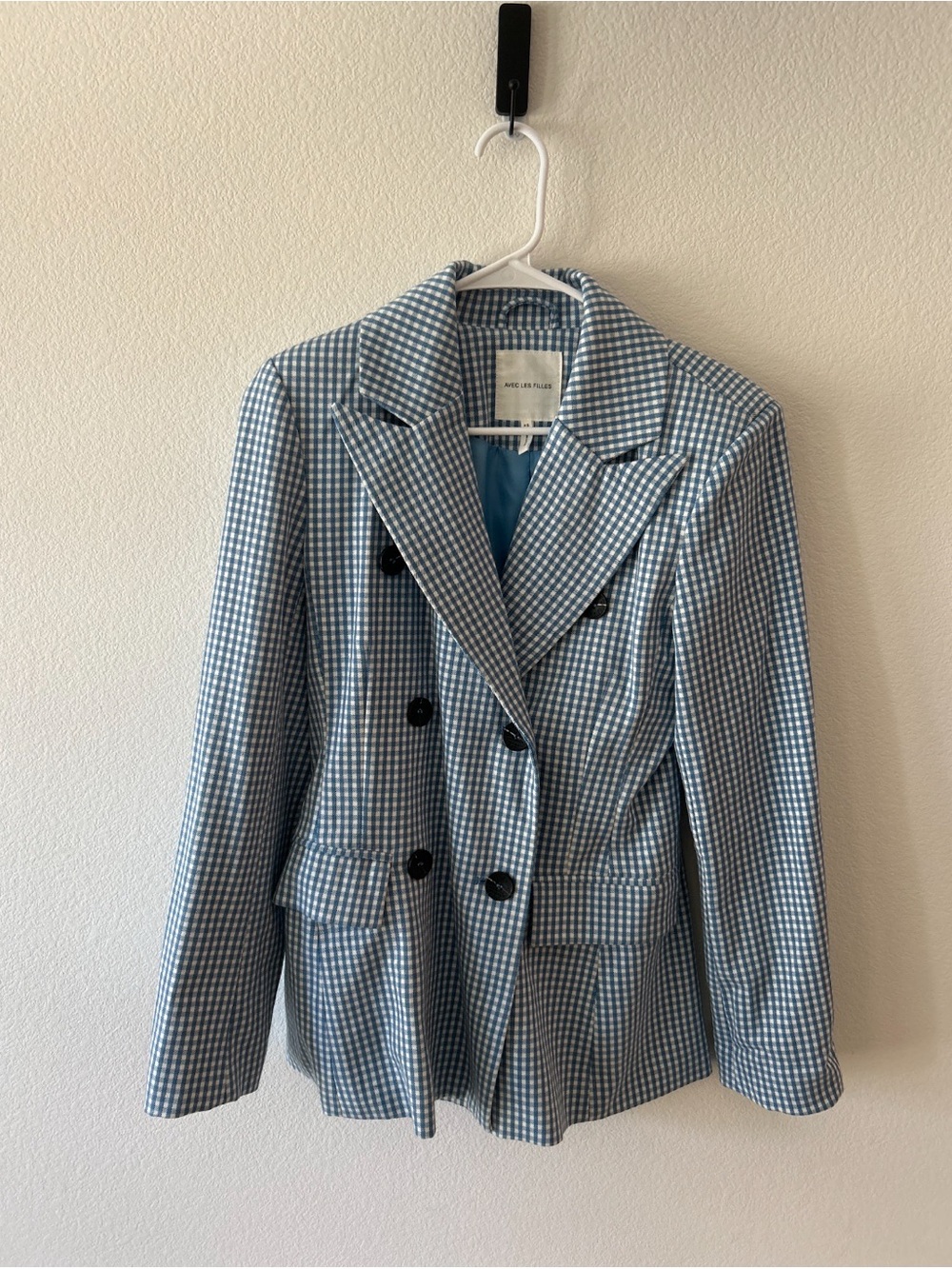 Avec Les Filles Blue Gingham Double-Breasted Blazer